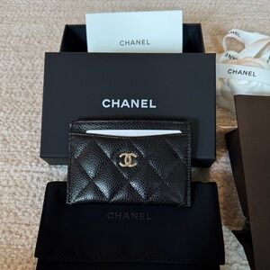 CHANEL Black Caviar Card Holder with Gold Hardware